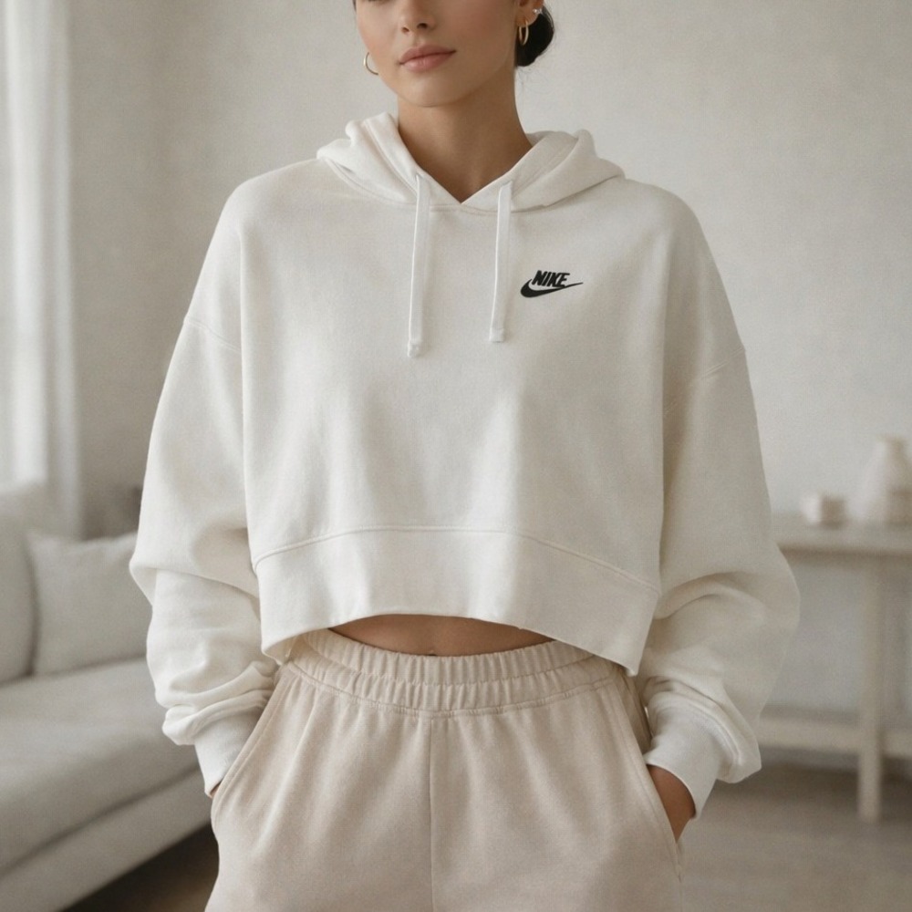 Nike Cropped Hoodie White Fleece Swoosh Logo Cozy Athleisure M Club Fleece